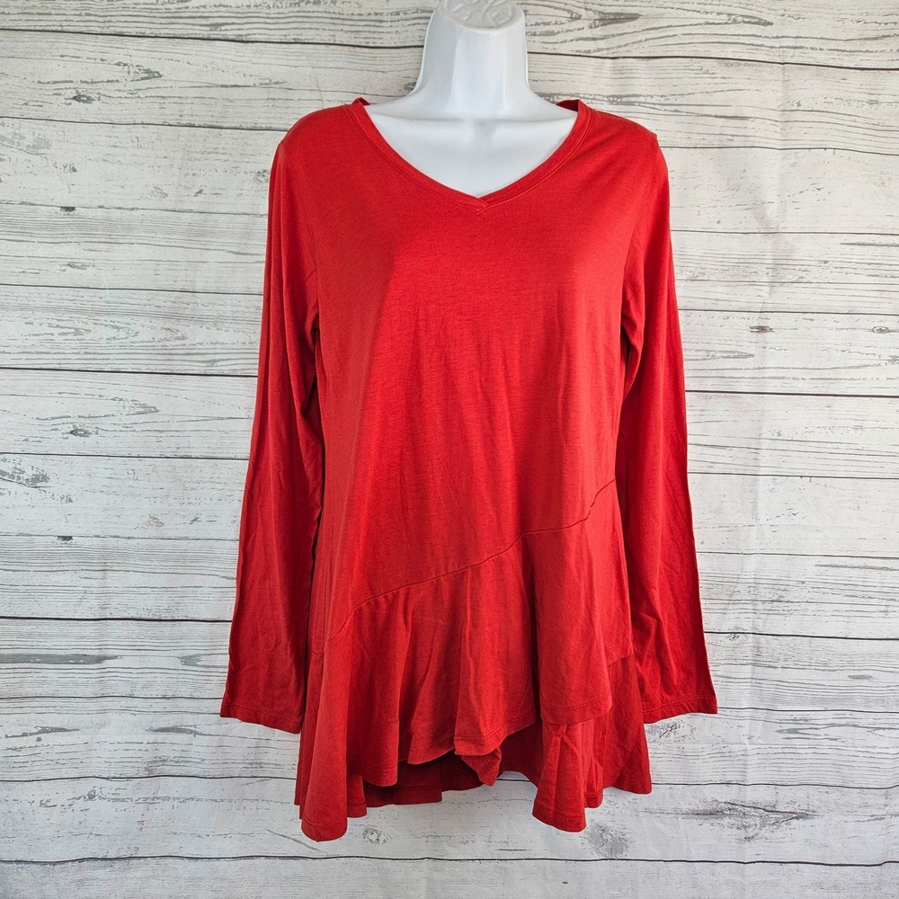 LOGO Lori Goldstein Womens Top Sz Small Solid Red Long Sleeve Asymmetrical Hem
